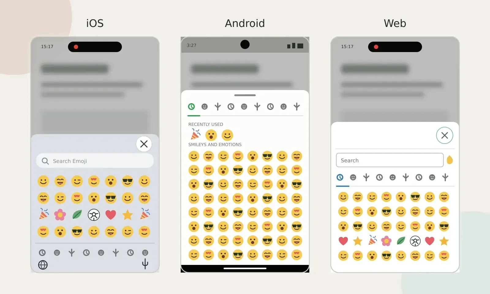 Der Capacitor Emoji Picker auf iOS, Android und im Web mit der jeweils passenden Darstellung.