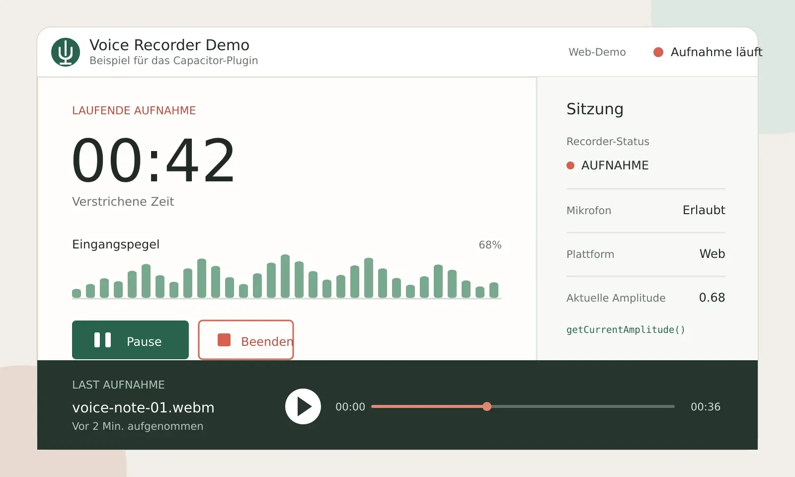 Demo-Anwendung mit dem Capacitor Voice Recorder während einer Audioaufnahme, mit Aufnahmestatus, Dauer und Steuerelementen.