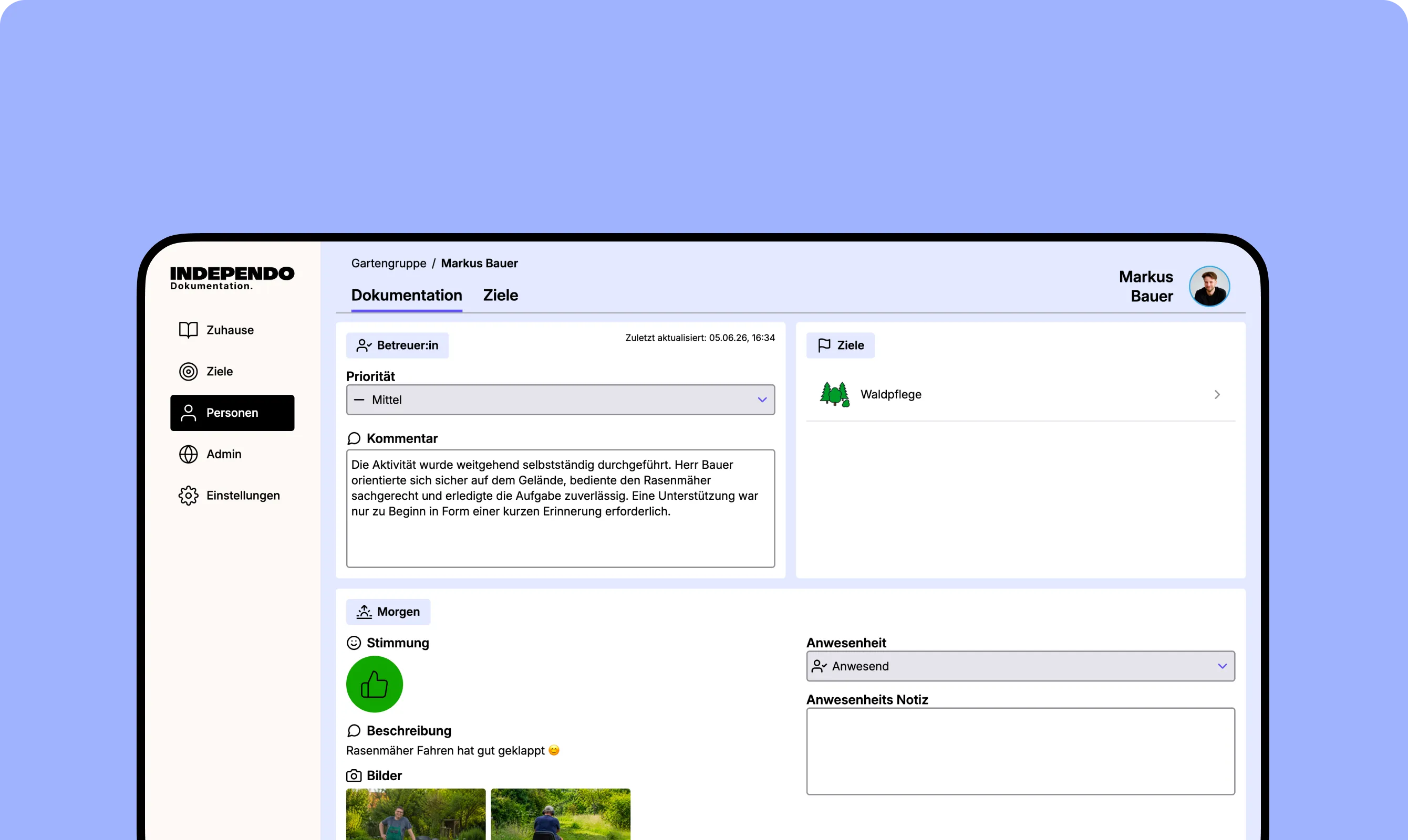 Dokumentation eines Tagebuch-Eintrags im Independo Portal