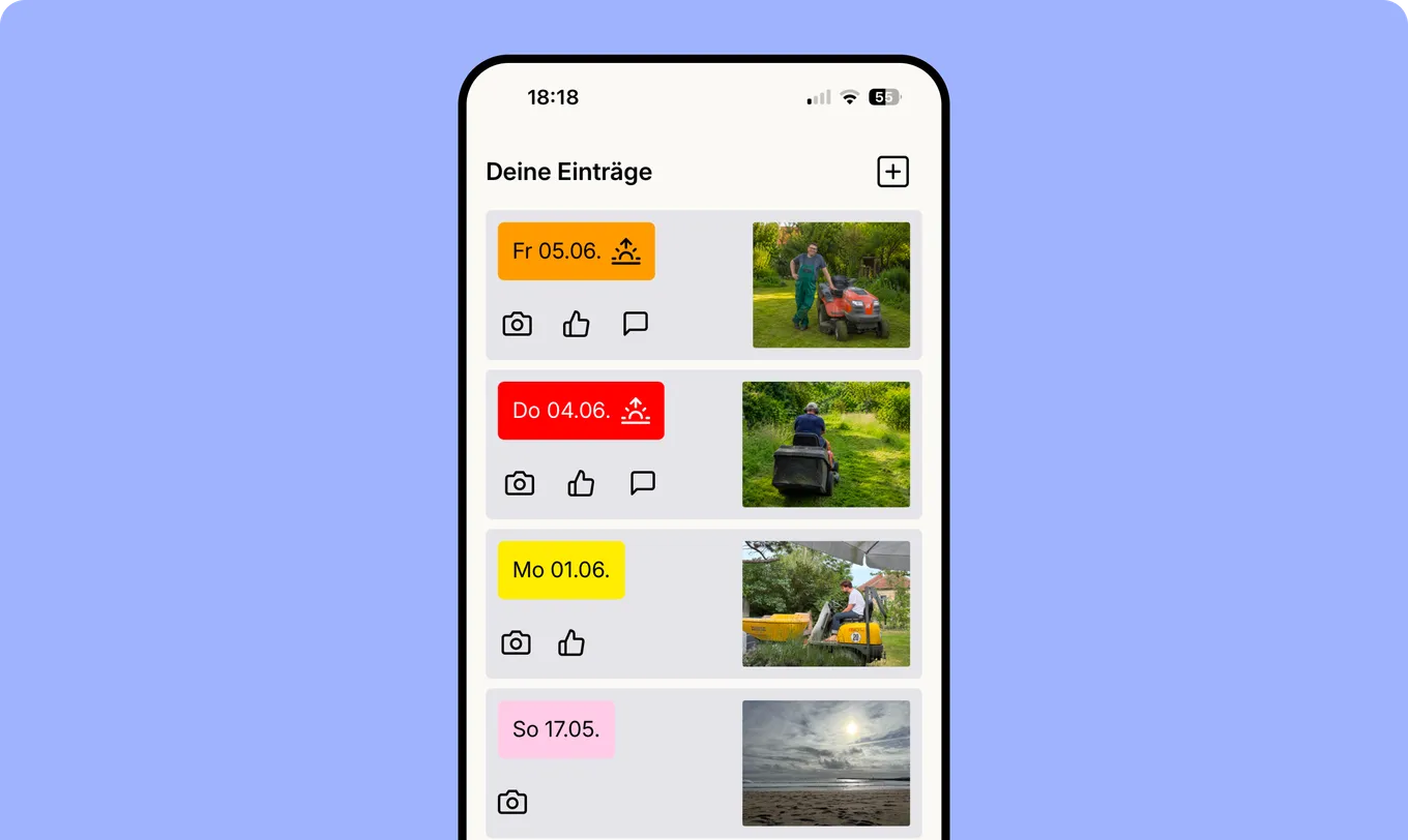 Übersicht der Tagebuch-Einträge mit Fotos und Audio
