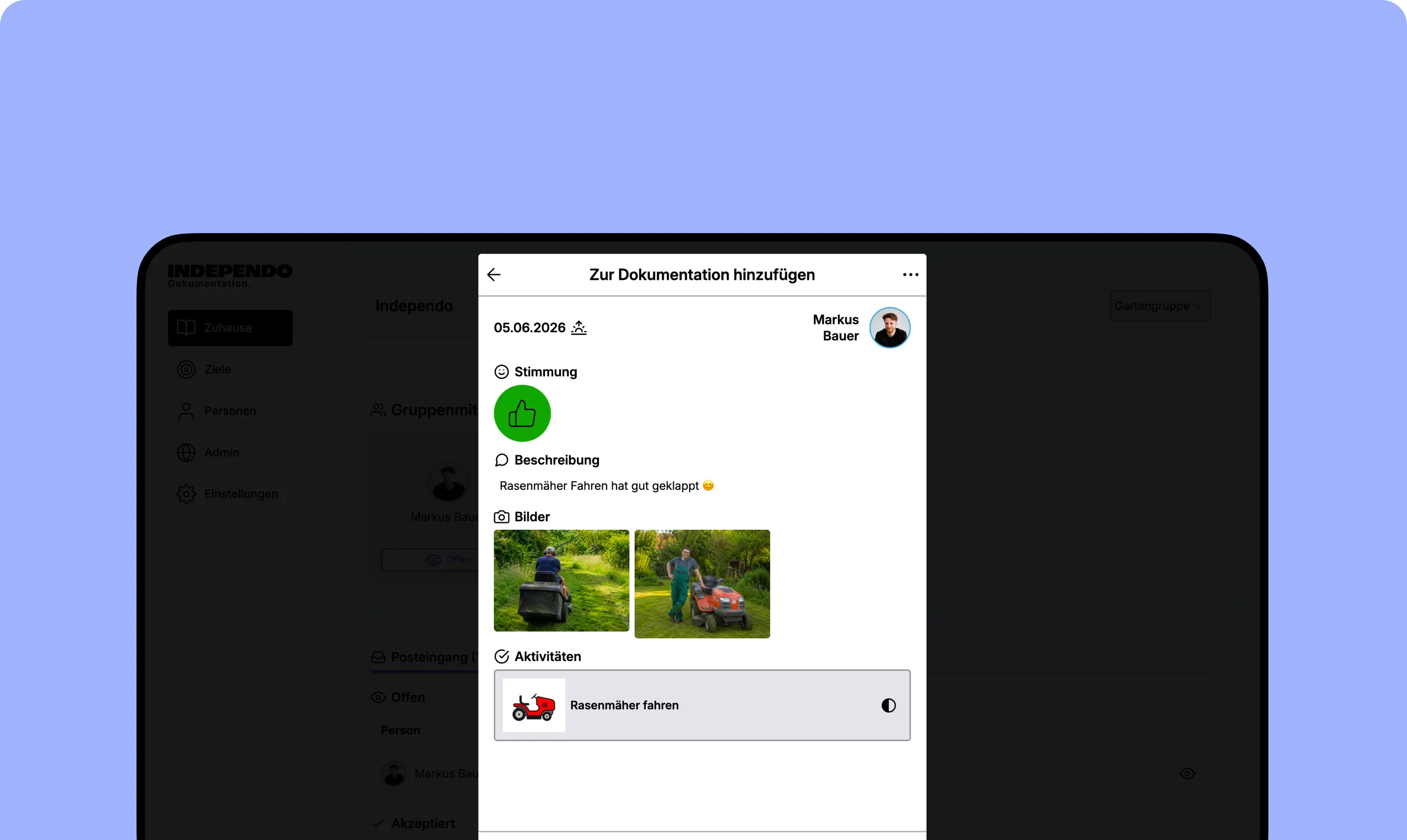 Tablet mit dem Dialog „Zur Dokumentation hinzufügen“: der vollständige Eintrag mit Stimmung, Beschreibung, Fotos und verknüpfter Tätigkeit.