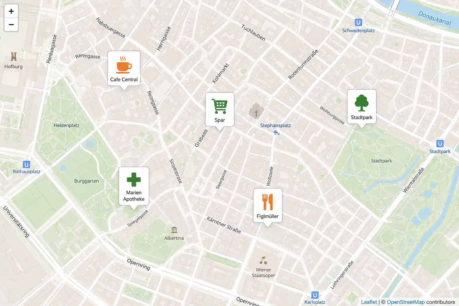 Digitale Karte mit Orten, die durch leicht erkennbare Piktogramme dargestellt werden.