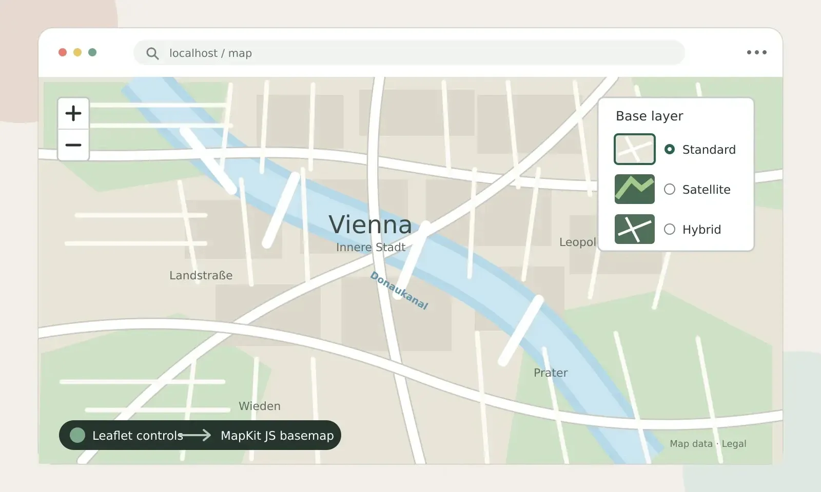Schema, das Leaflet-Kartensteuerelemente über einer Apple-MapKit-JS-Basiskarte zeigt, mit einer Basiskarten-Auswahl für Standard-, Satelliten- und Hybridansicht.