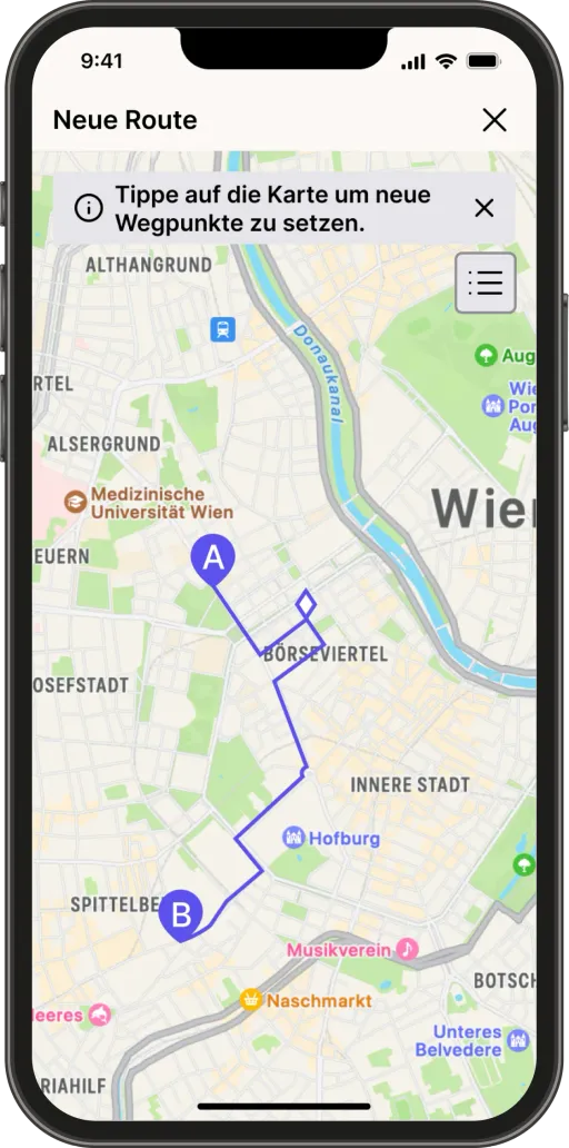 Prototyp-Bildschirm mit dem Titel Neue Route und dem Hinweis, auf die Karte zu tippen, um neue Wegpunkte zu setzen; auf der Karte ist bereits eine Strecke zwischen zwei Punkten eingezeichnet.